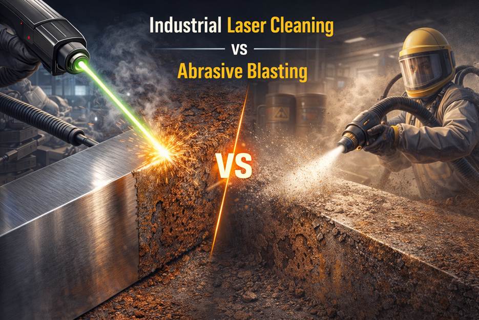 picture comparing industrial laser cleaning to abrasive blasting