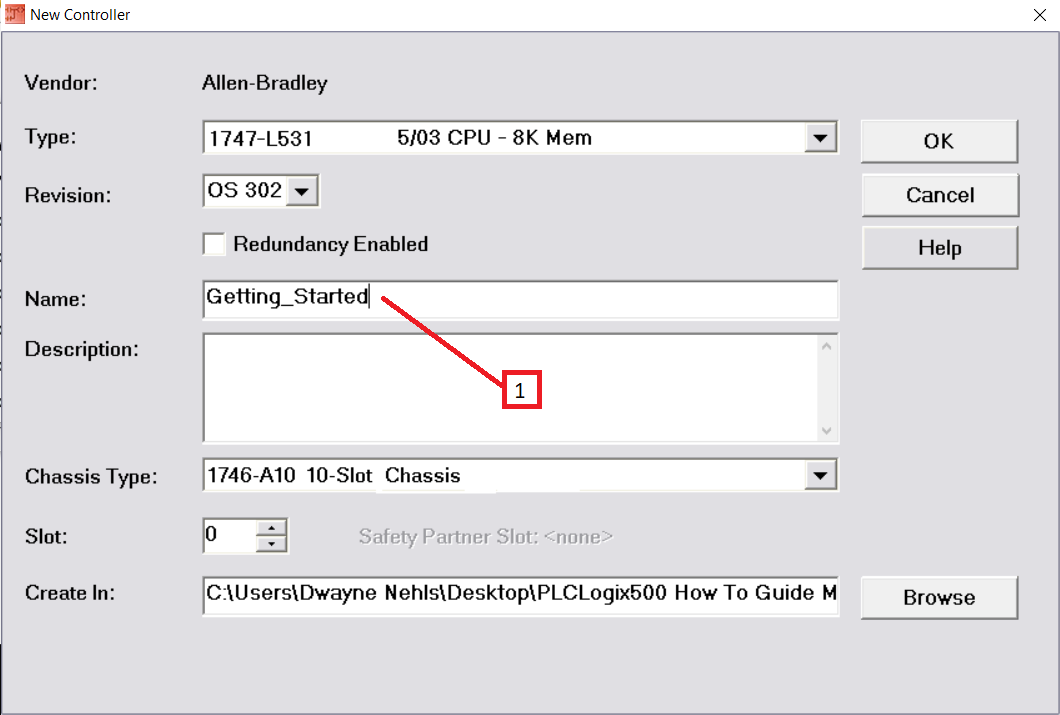 PLCLogix 500 New Controller dialog with Getting_Started entered as the file name