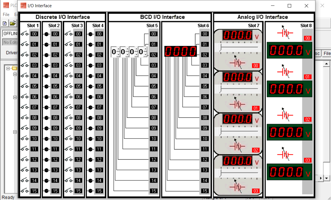 PLCLogix 500 2D I O interface showing discrete, BCD and analog I O modules