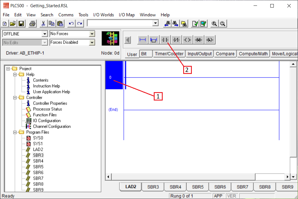 PLCLogix 500 ladder editor with rung zero selected and the Normally Open contact icon identified