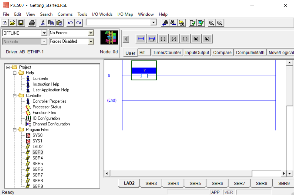 PLCLogix 500 ladder rung showing the newly added Normally Open contact highlighted