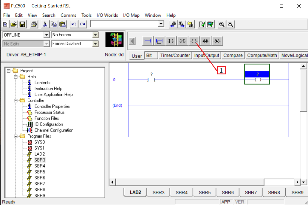 PLCLogix 500 ladder rung showing the OTE instruction added to the right of the Normally Open contact