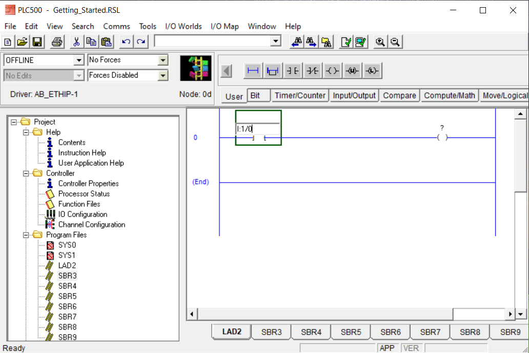PLCLogix 500 ladder contact with input address I colon 1 slash 00 being entered