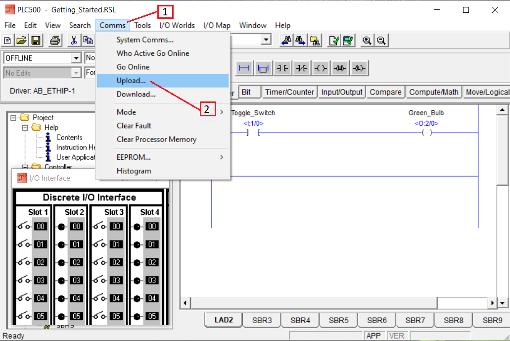 PLCLogix 500 Comms menu with Upload selected