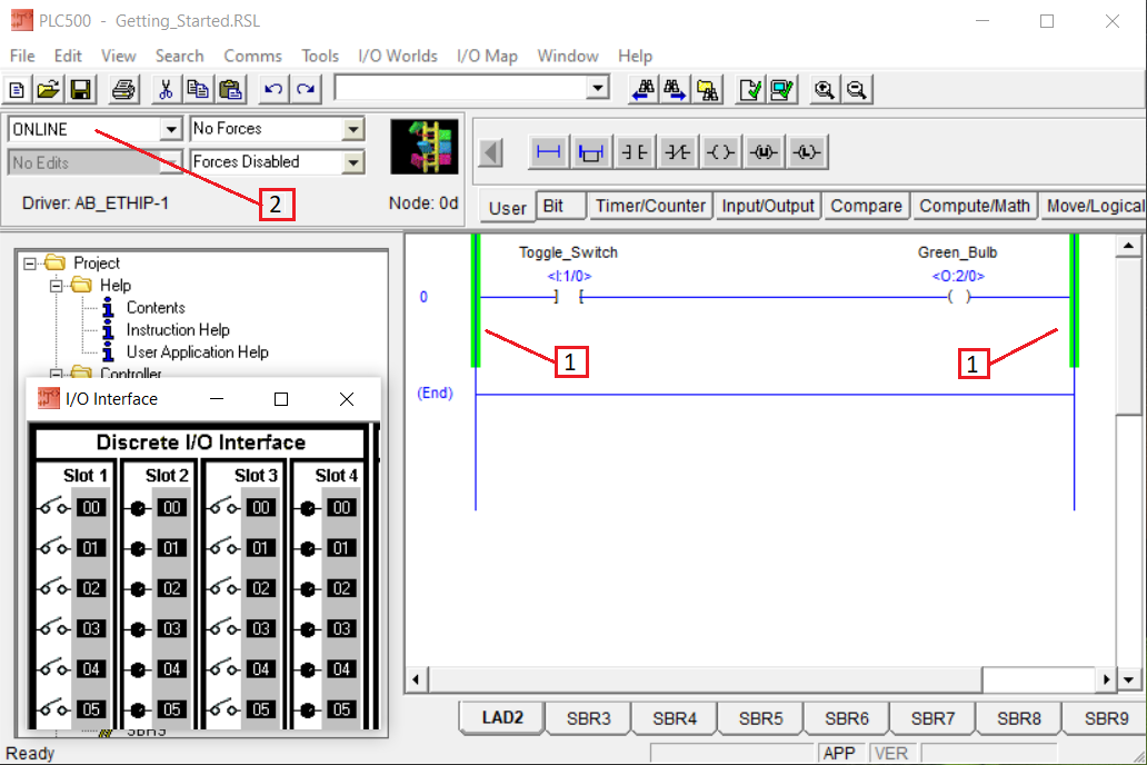 PLCLogix 500 online ladder program showing the Online mode and the I O rack ready for testing