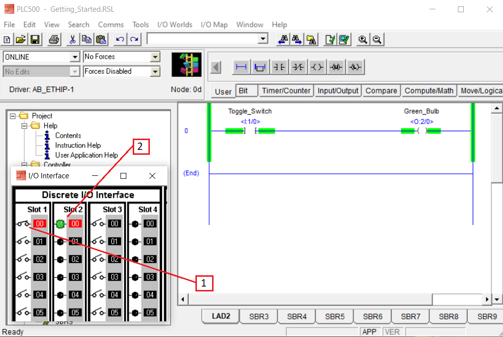 PLCLogix 500 online test with the toggle switch operated and green output lamp energized