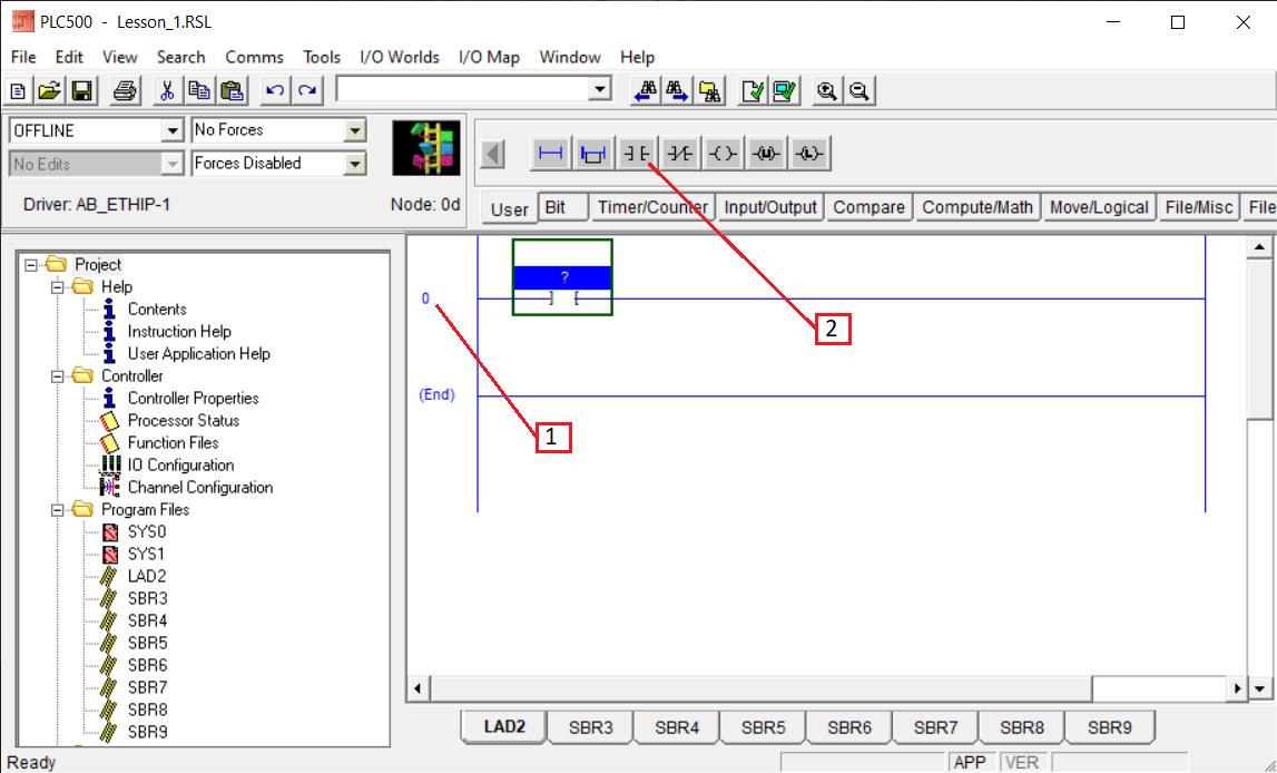 PLCLogix 500 ladder editor showing rung 0 selected and the Normally Open Contact instruction location