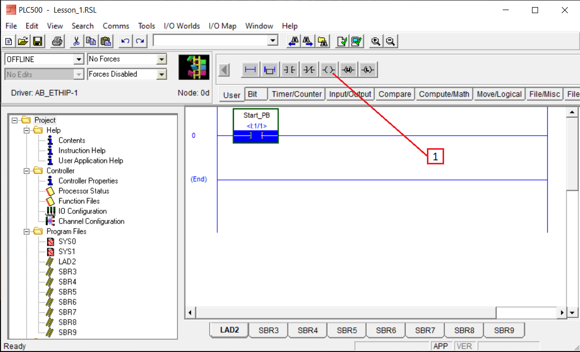 PLCLogix 500 ladder editor showing an OTE instruction added to the end of rung 0