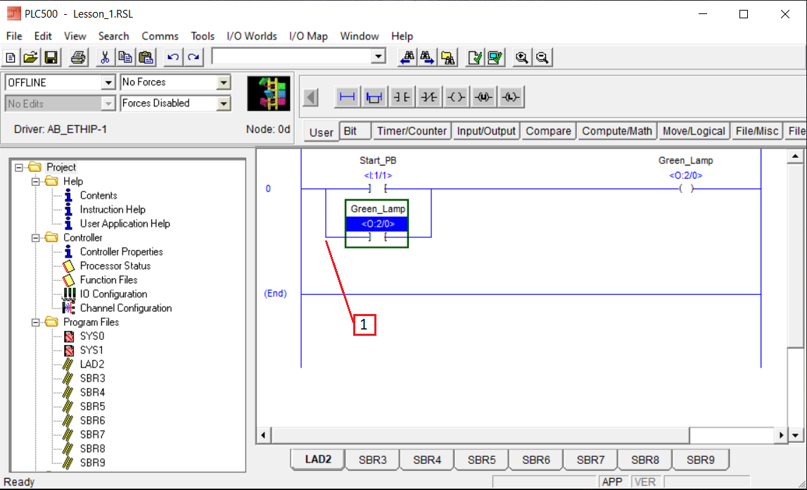 PLCLogix 500 latch branch with a second normally open contact being added below Start_PB