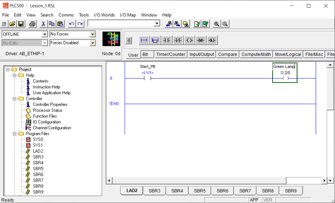 PLCLogix 500 rung with Start_PB and Green_Lamp OTE addressed O colon 2 slash 0