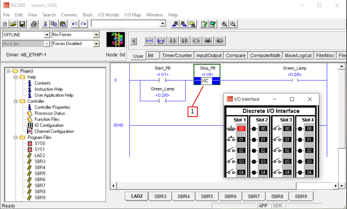 PLCLogix 500 instruction editor showing the Stop_PB contact being changed from XIO to XIC
