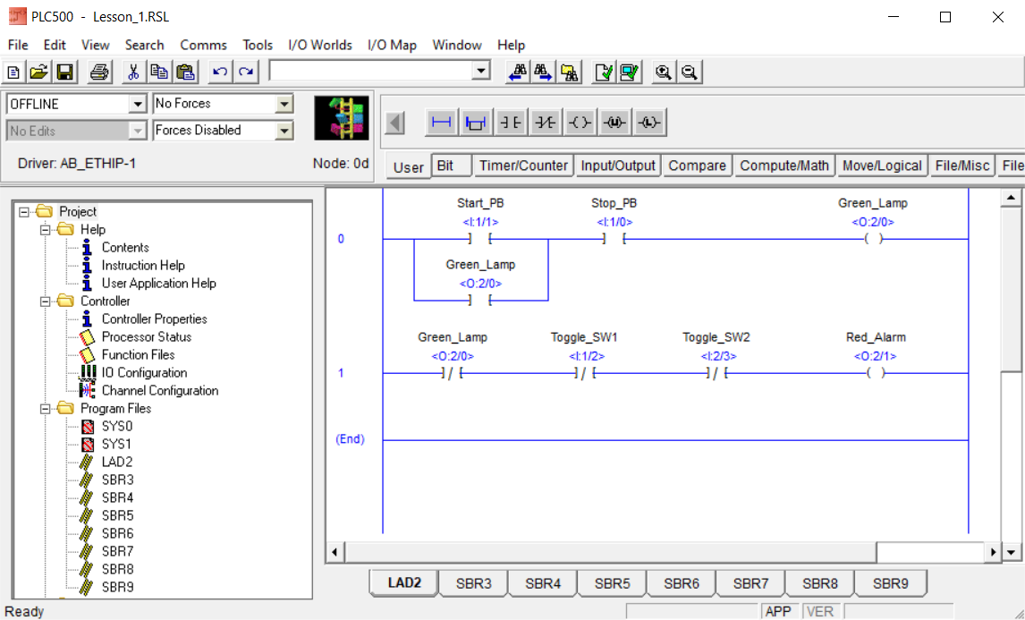 PLCLogix 500 completed Lesson 1 ladder program with start stop latch and red alarm bypass rung