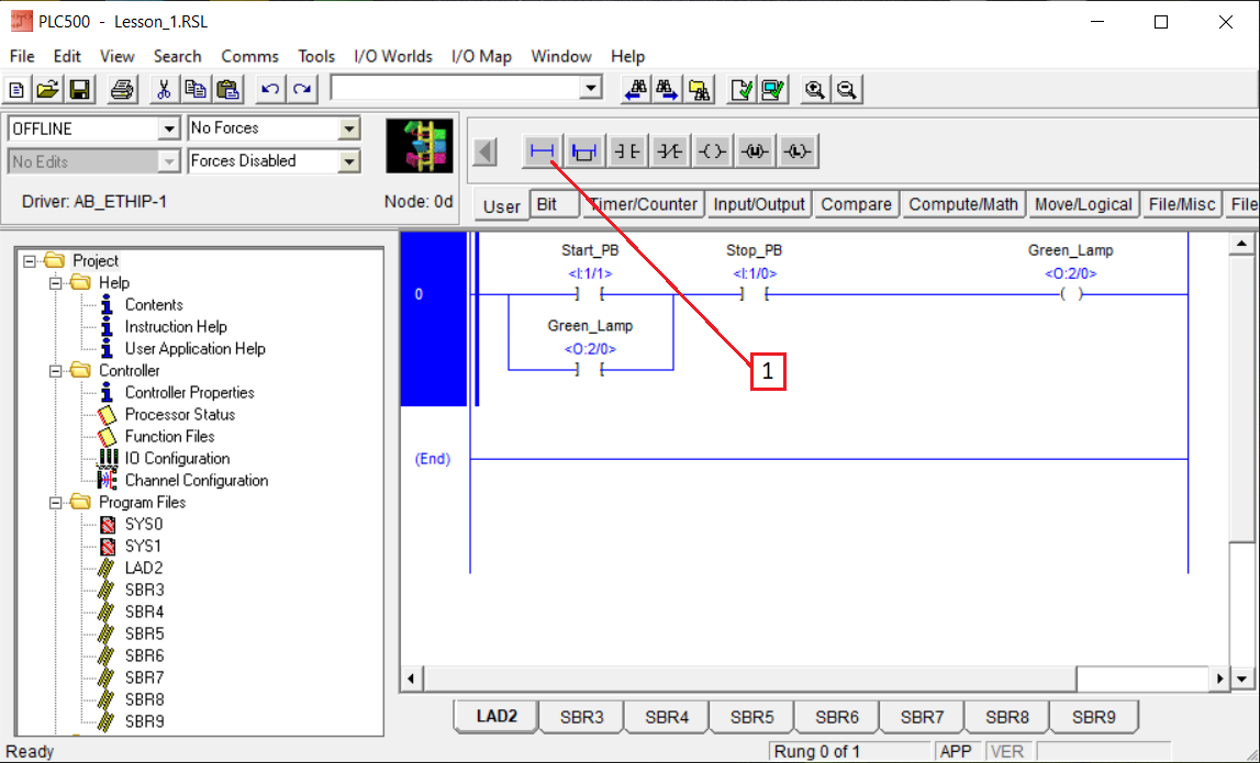 PLCLogix 500 corrected start stop latch rung with Start_PB Stop_PB and Green_Lamp