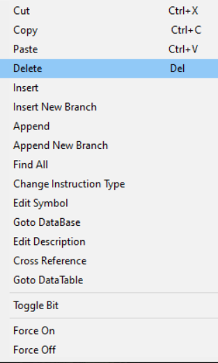 PLCLogix 500 right-click menu showing Delete for a ladder instruction