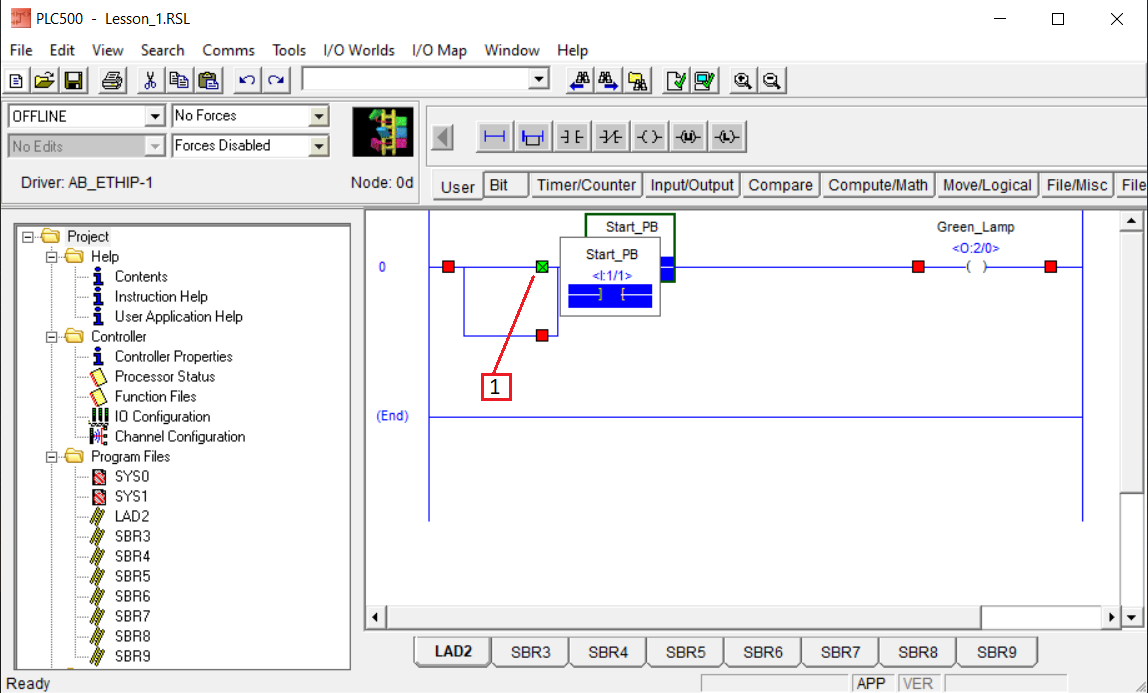 PLCLogix 500 ladder editor showing Start_PB being dragged into the upper branch