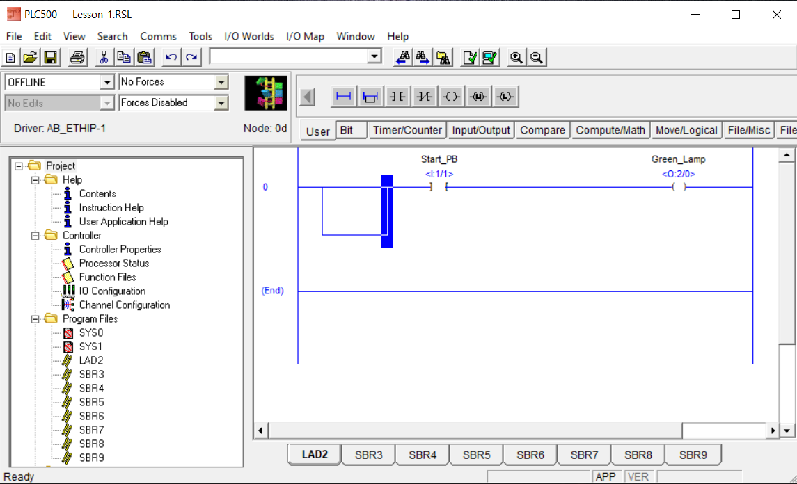 PLCLogix 500 rung showing an empty branch inserted at the start