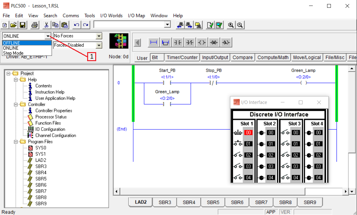 PLCLogix 500 mode drop-down with Offline selected