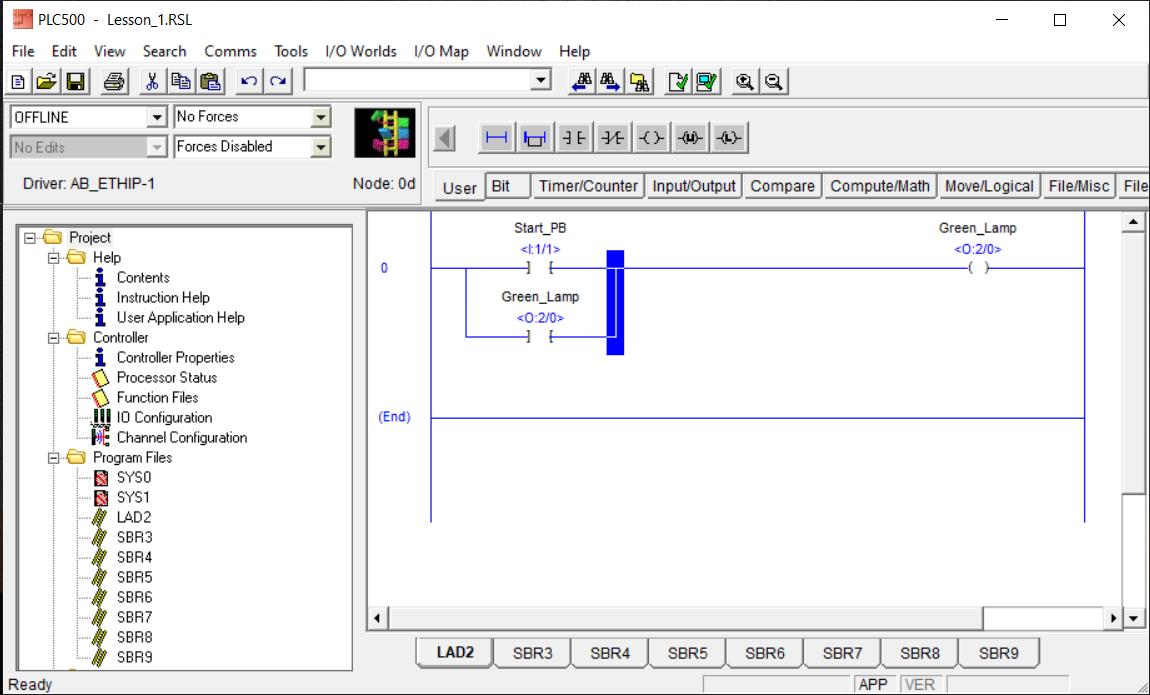 PLCLogix 500 ladder editor with the right edge of the branch highlighted