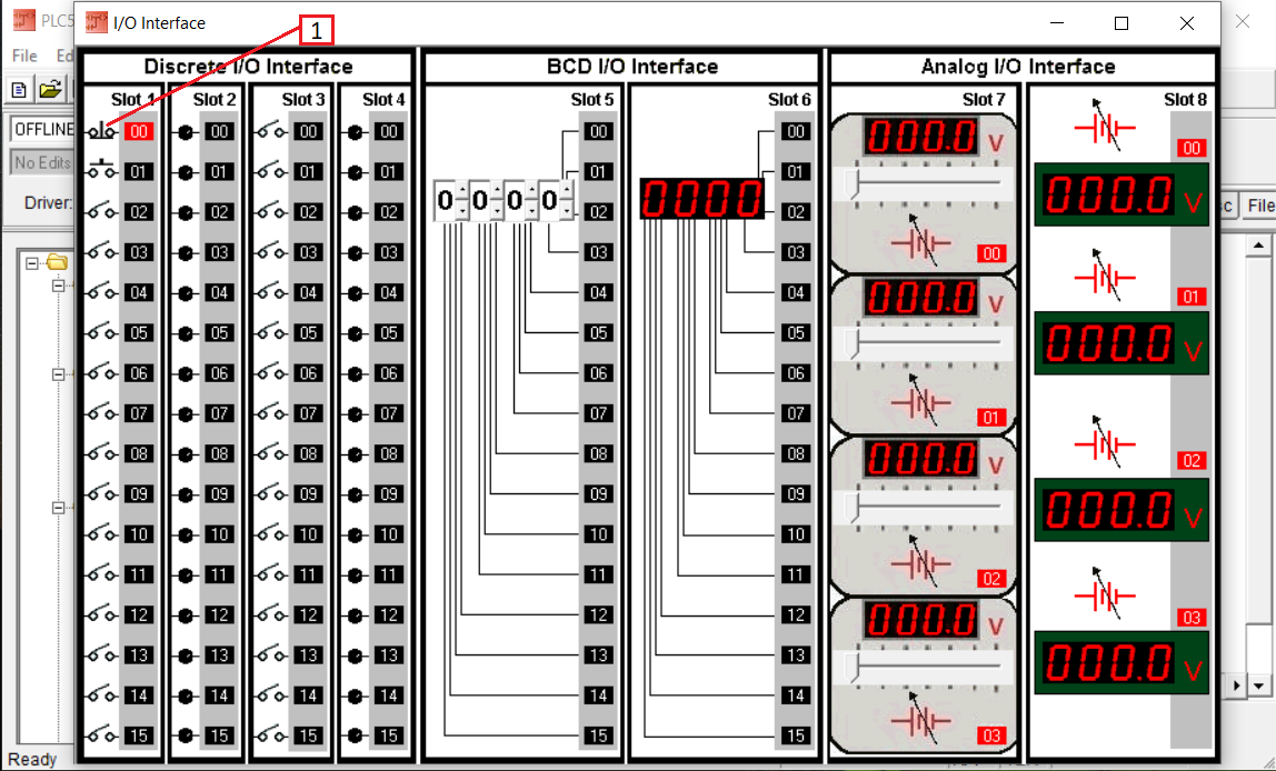 PLCLogix 500 2D I O interface showing discrete, BCD, and analog I O modules