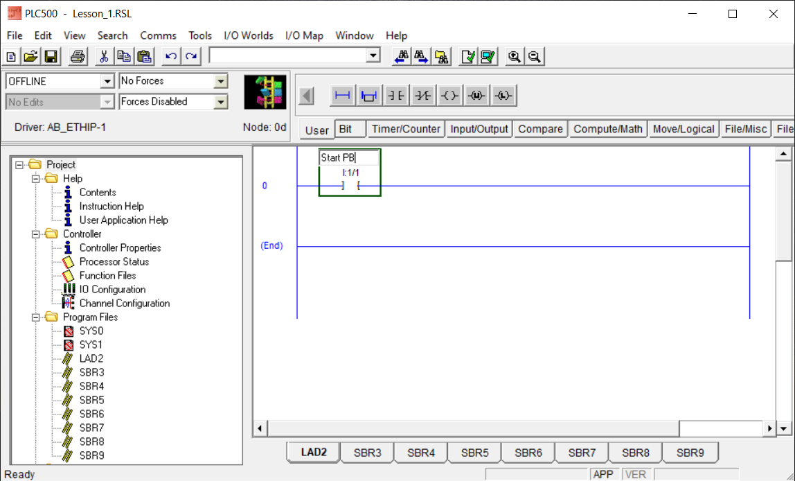 PLCLogix 500 ladder contact labeled Start_PB