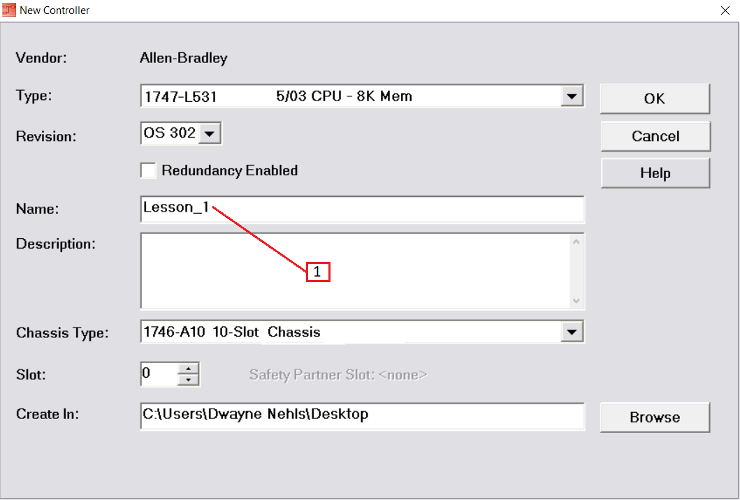 PLCLogix 500 New Controller dialog with Lesson_1 entered as the program name