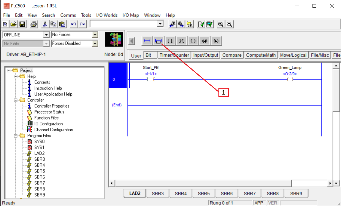 PLCLogix 500 rung 0 selected before adding a branch