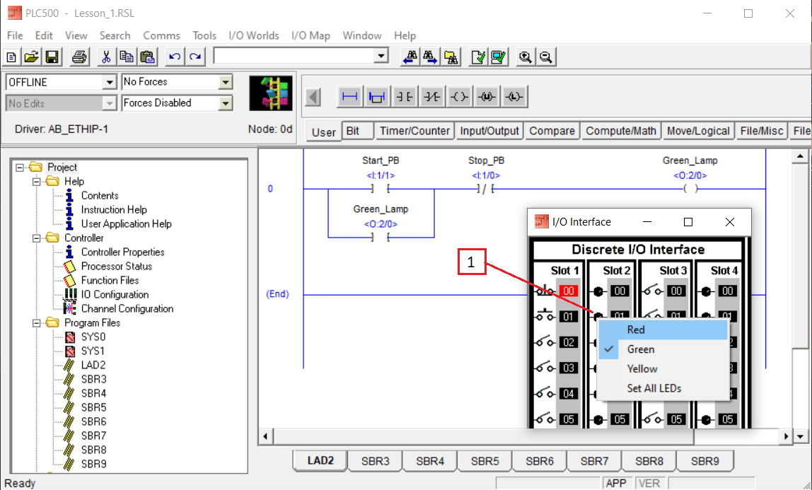 PLCLogix 500 I O interface showing the output lamp color menu with Red selected