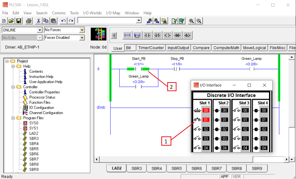 PLCLogix 500 online view showing Start_PB operated while the Green_Lamp latch does not hold