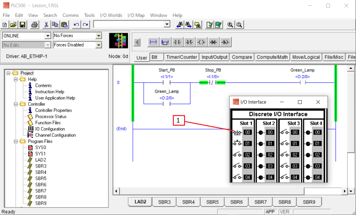 PLCLogix 500 online view showing Stop_PB operated and unexpected latch behavior