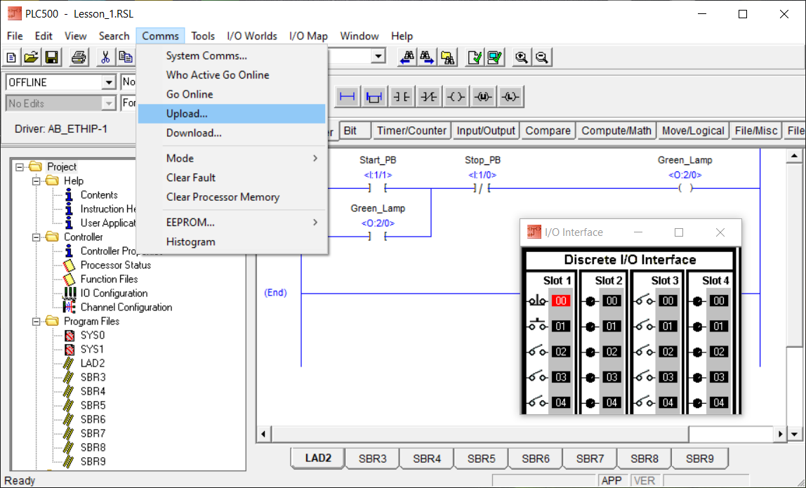 PLCLogix 500 Comms menu showing Upload selected