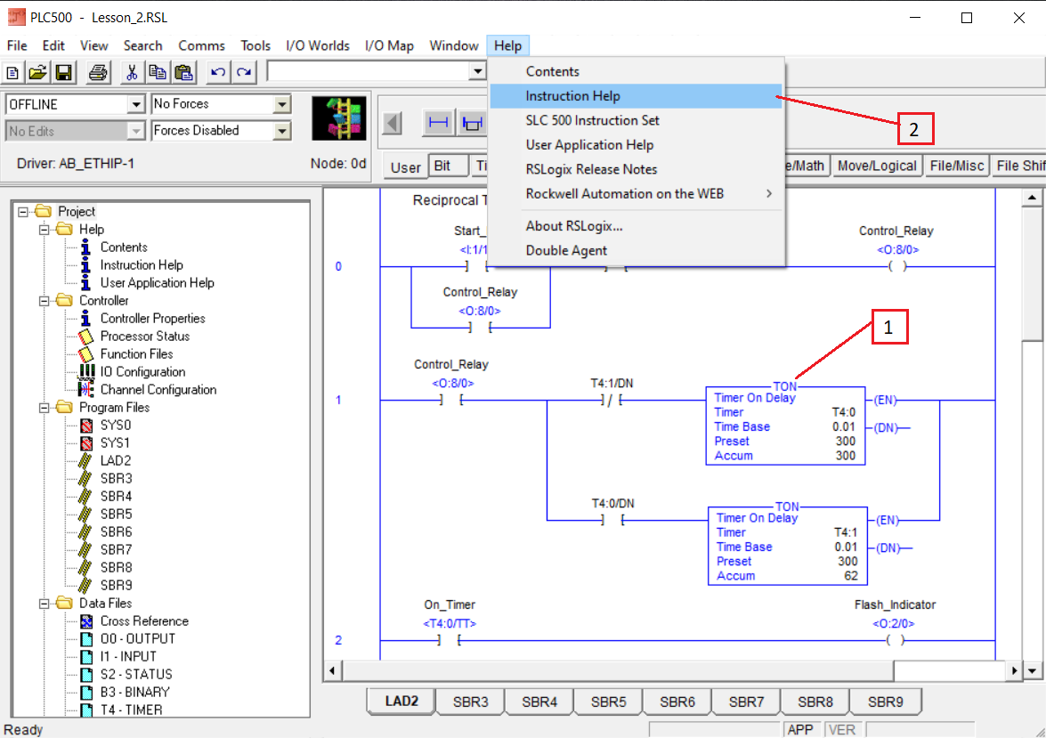 PLCLogix 500 Help menu with Instruction Help selected and a TON timer identified in the ladder program