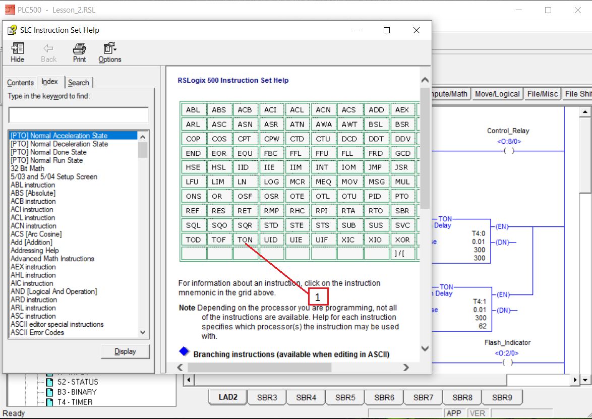 RSLogix 500 Instruction Set Help window listing PLC instructions with TON identified