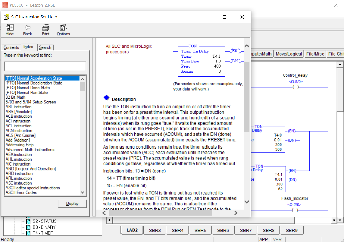 SLC Instruction Set Help showing detailed help and parameters for the TON Timer On Delay instruction