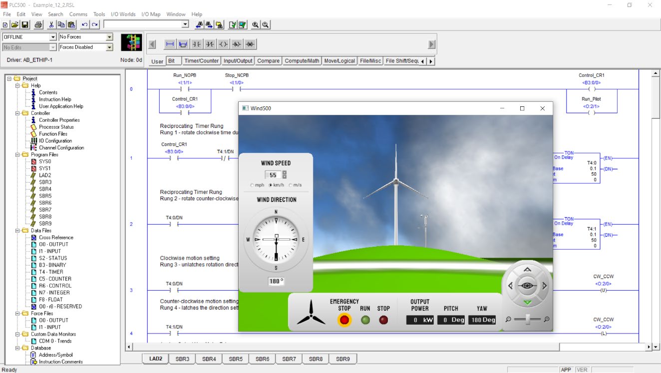 PLCLogix 500 ladder program displayed with the Wind Turbine 3D simulator window