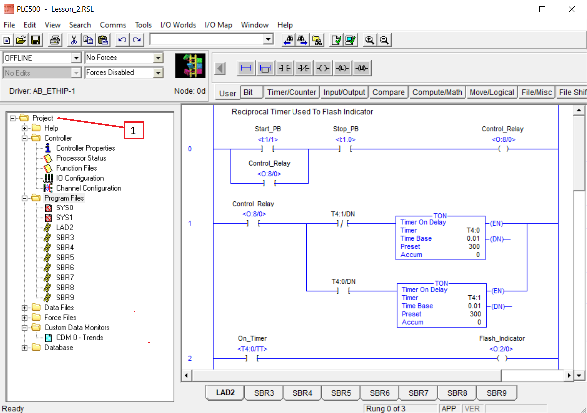 PLCLogix 500 Project Tree identified at the left side of the programming workspace