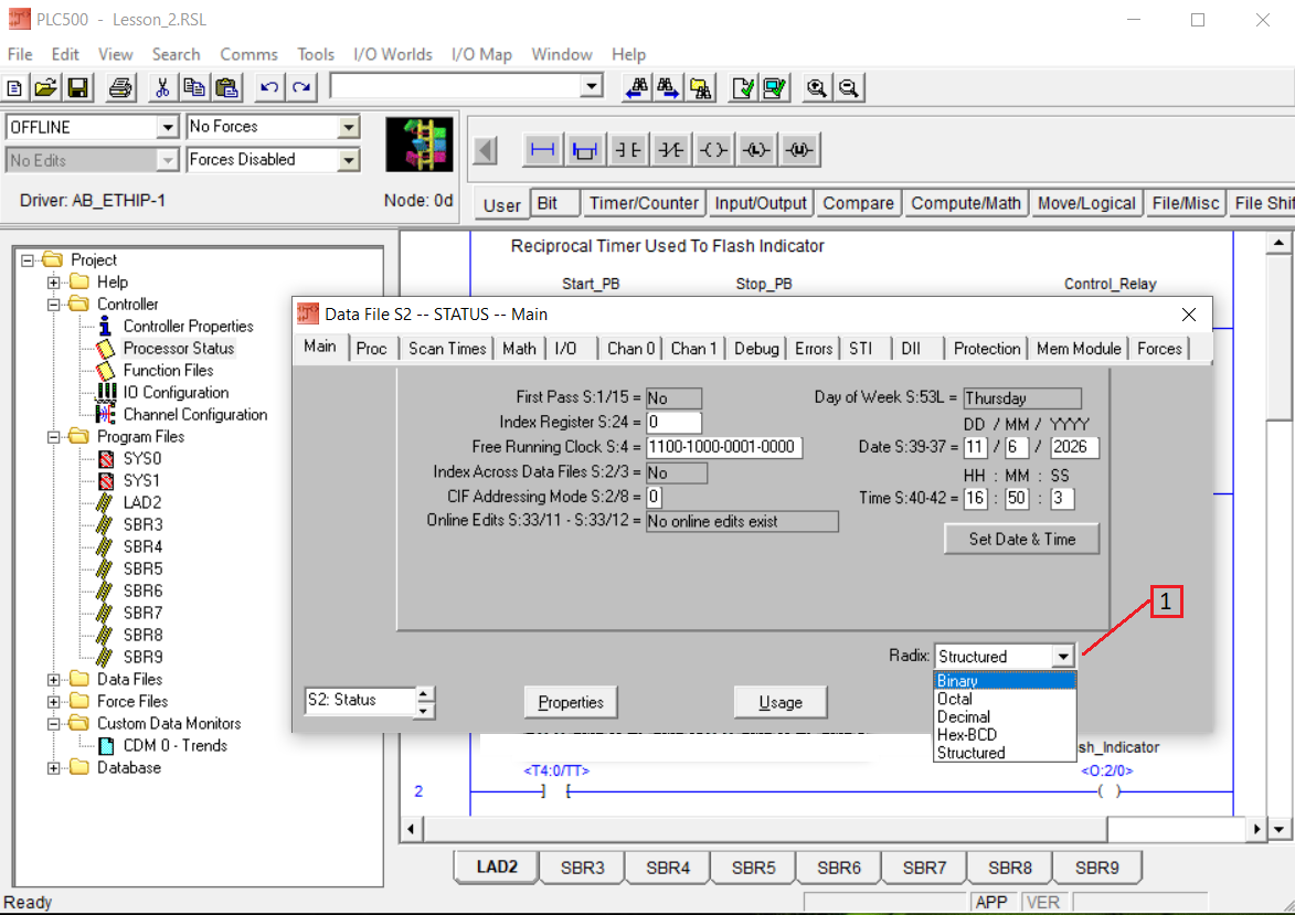 PLCLogix 500 Processor Status window with the Radix drop-down open and Binary selected
