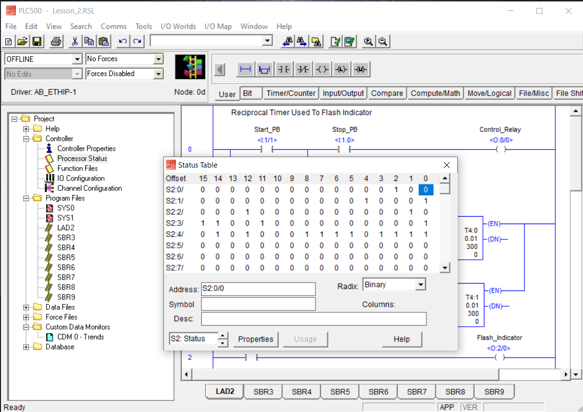 PLCLogix 500 Status Table displayed in Binary radix with individual status bits visible