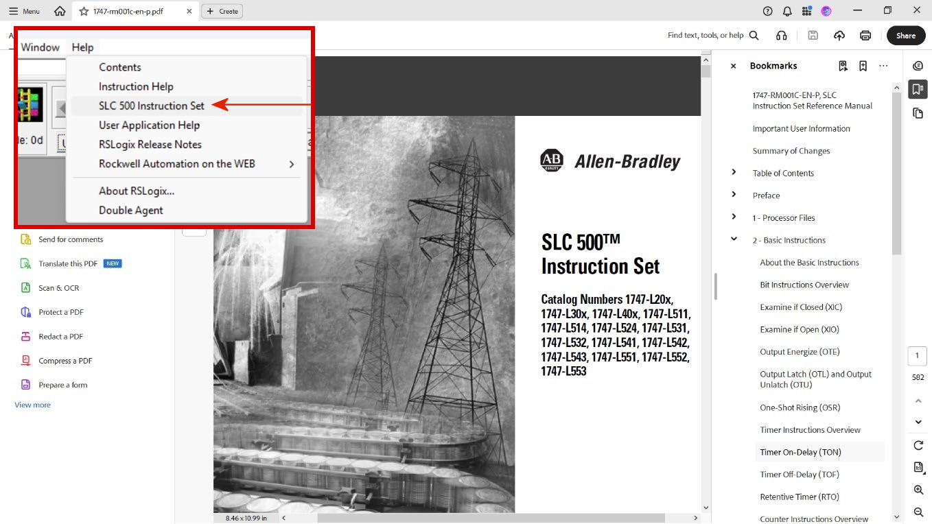 Rockwell SLC 500 Instruction Set PDF open in Adobe with an inset showing the PLCLogix Help menu SLC 500 Instruction Set choice