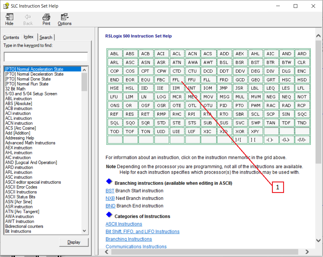 PLCLogix Instruction Help showing the FIFO Load FFL instruction in the instruction table