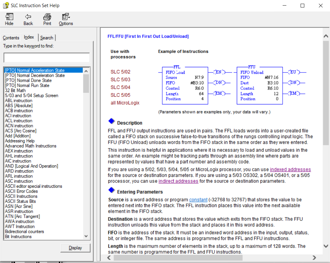 PLCLogix Instruction Help page describing the FIFO Load FFL instruction and its parameters