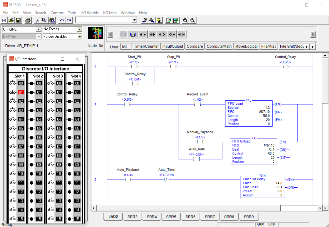 PLCLogix Lesson 4 FIFO event recorder ladder program with the 2D I/O Interface visible