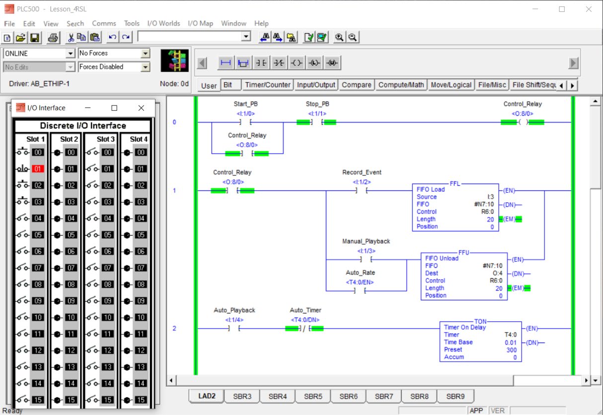 PLCLogix Lesson 4 program online with the 2D I/O Interface ready to record event values