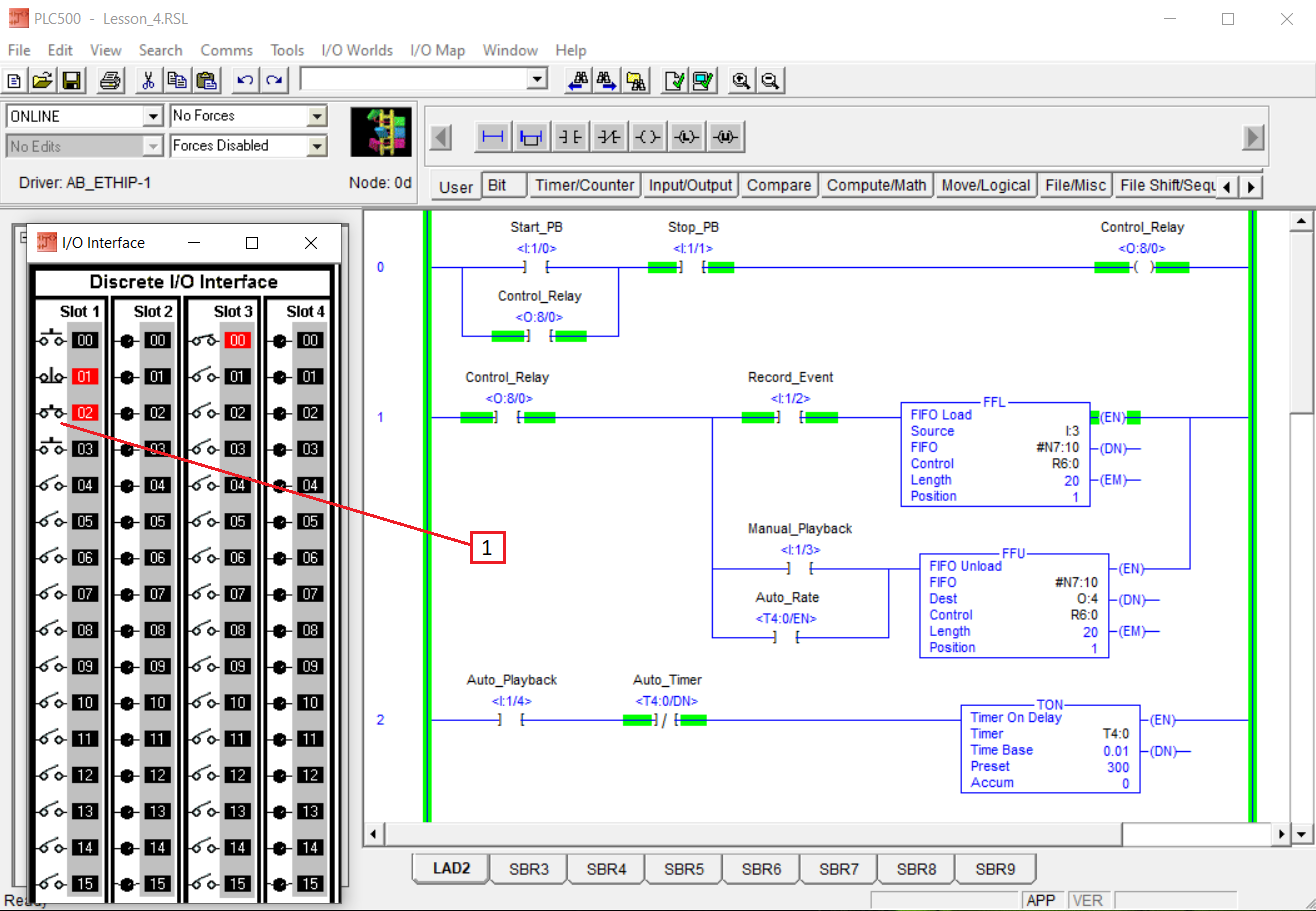PLCLogix Lesson 4 first event being recorded from the I:3 toggle switches into the FIFO stack