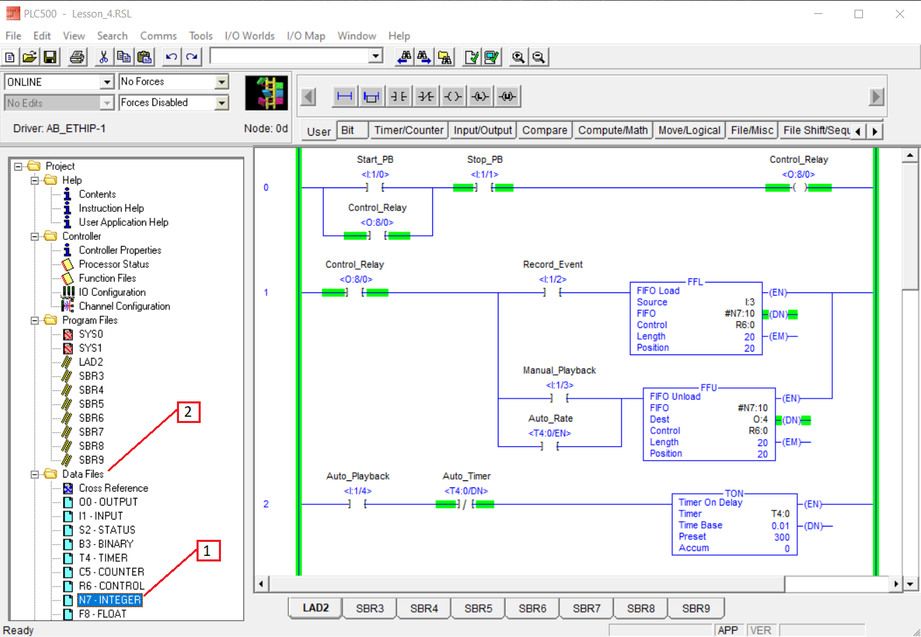 PLCLogix Project Tree with the N7 Integer data file identified under Data Files