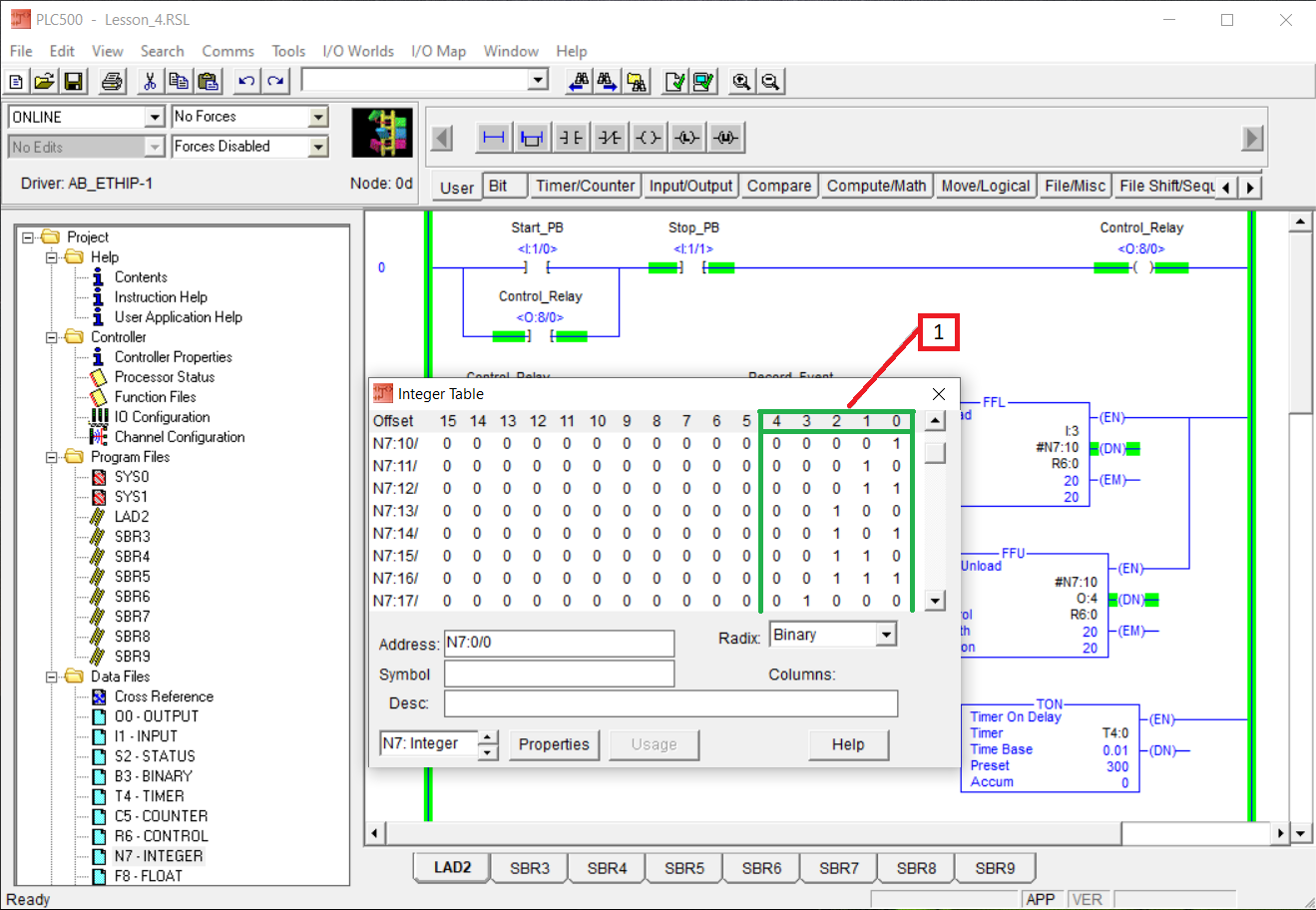 PLCLogix N7 Integer table in Binary radix showing the first stored FIFO event values