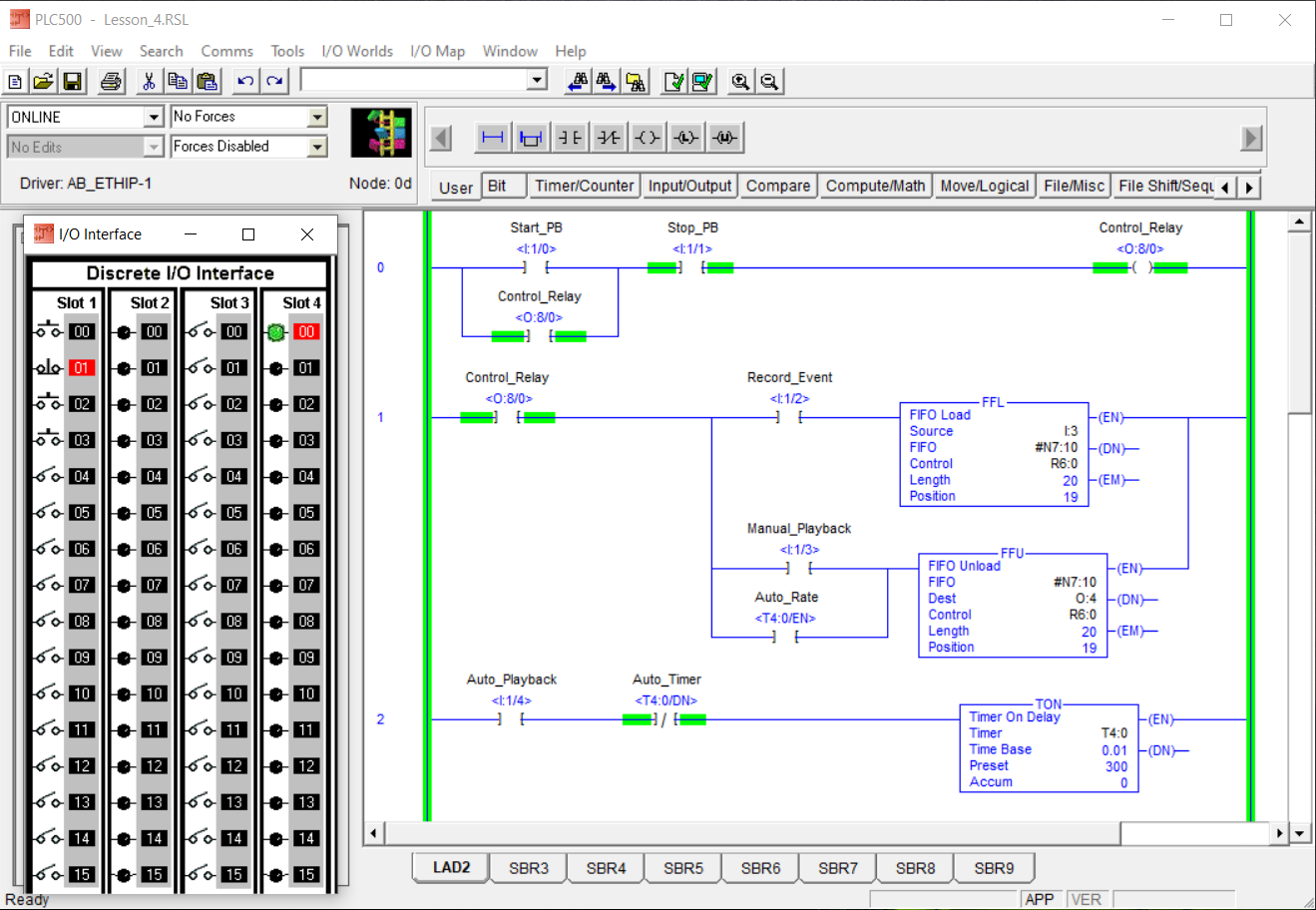 PLCLogix Lesson 4 manual playback showing the first recorded event value on the Slot 4 green output bulbs