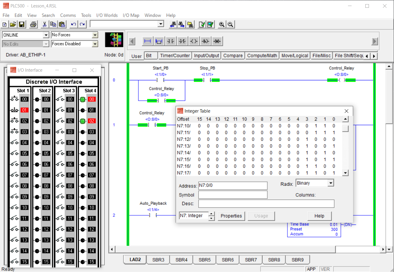 PLCLogix Lesson 4 N7 Integer table reopened before automatic FIFO playback