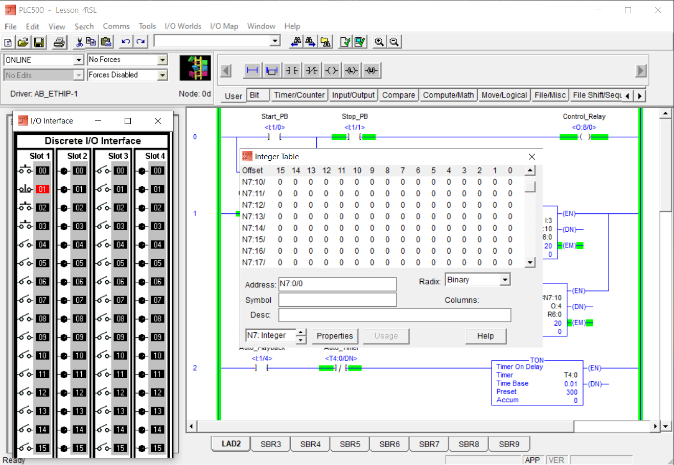 PLCLogix Lesson 4 N7 Integer table open while additional FIFO event values are recorded