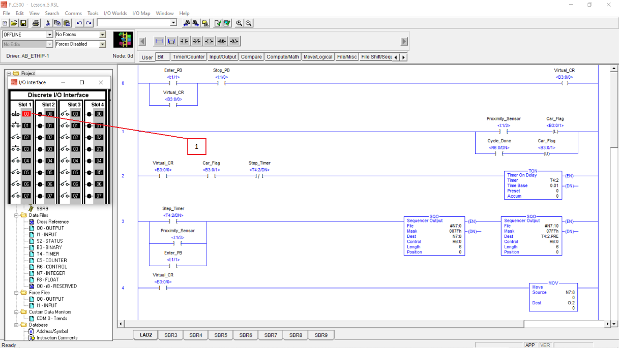 PLCLogix Lesson 5 stationary carwash ladder program with the 2D I/O Interface visible