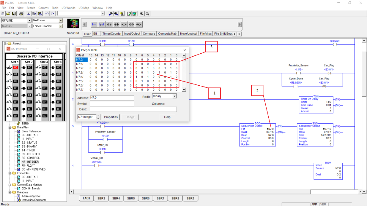 PLCLogix N7 Integer data table showing binary wash-cycle output patterns stored at N7 colon 1 through N7 colon 6